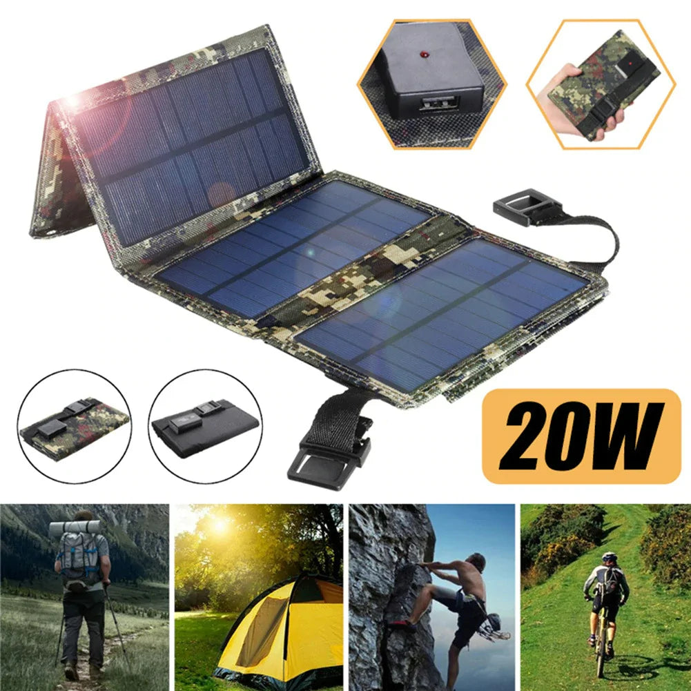 Waterproof foldable solar panel, compact and durable, ideal for charging devices during outdoor activities or emergencies.