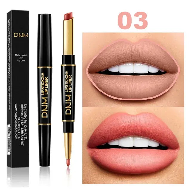 Double-Ended Matte Lipstick from DNM with waterproof, long-lasting color and lip liner for definition.
