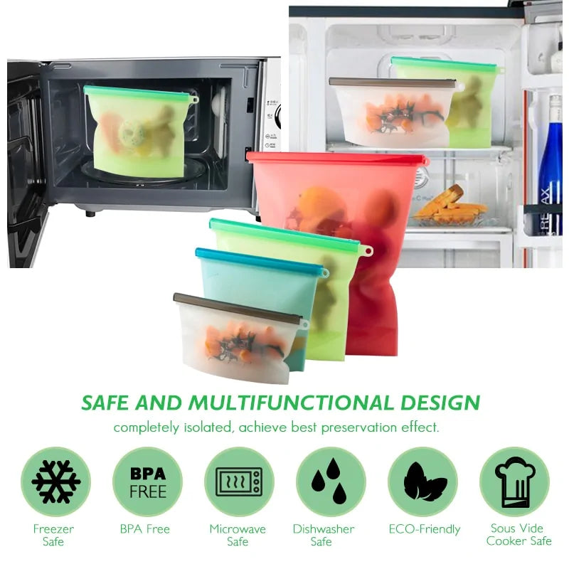 Eco-friendly, leak-proof reusable silicone food bag for kitchen storage and meal prep.