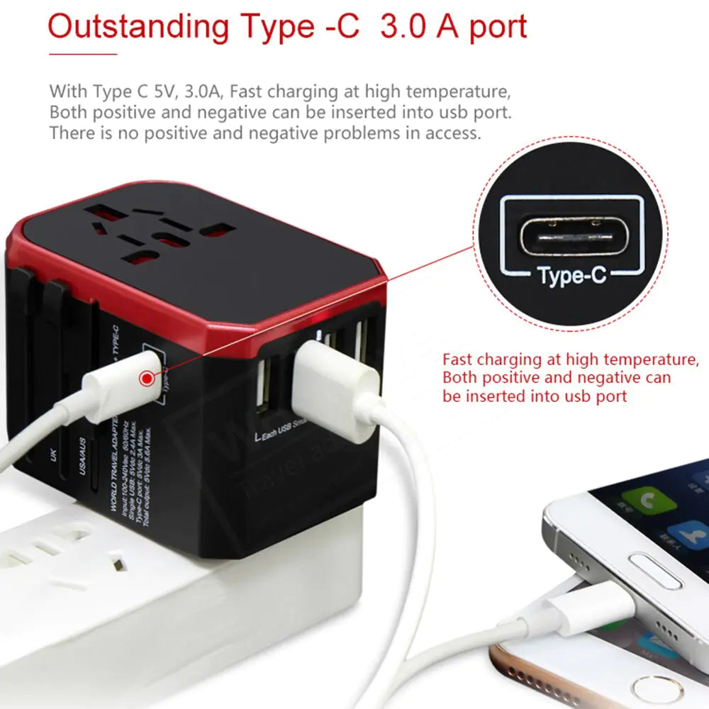 MELERY versatile travel adapter, compact and globally compatible for charging multiple devices on your travels.