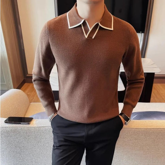 Men's Lapel Knitted Sweater by Krystina Trendify, slim fit with a sophisticated lapel collar for comfort and style.