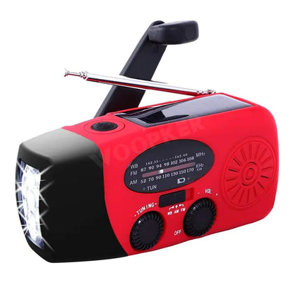 Multifunction emergency radio flashlight with solar, USB, and hand-crank power by WOOPKER