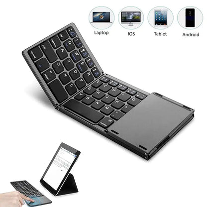 Portable Bluetooth keyboard by Krystina Trendify with touchpad, foldable design, and USB rechargeable feature.