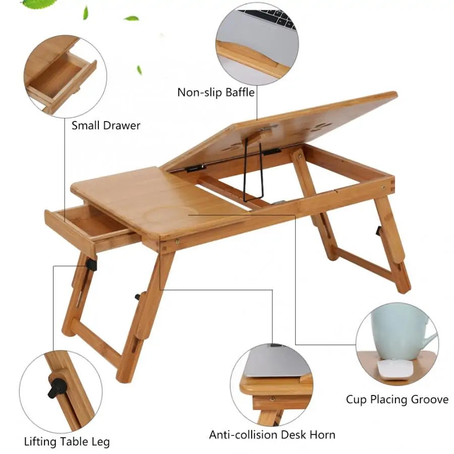 Bamboo laptop desk with adjustable, foldable design and built-in storage