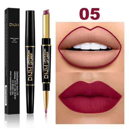 Double-Ended Matte Lipstick from DNM with waterproof, long-lasting color and lip liner for definition.
