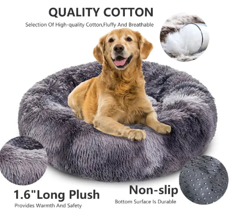 Fluffy Donut Pet Bed by Krystina Trendify, plush and calming design, machine washable, available in multiple sizes for pets.