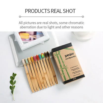 Eco-friendly bamboo toothbrushes with charcoal bristles, BPA-free, water-resistant, pack of 10.