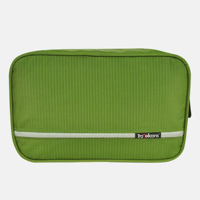 Durable hanging toiletry bag with clear compartments and sturdy hook for travel organization.