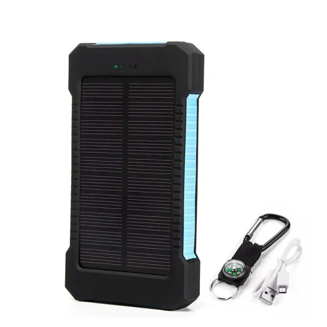 Waterproof solar power bank with 20000mAh capacity, dual USB ports, LED light, and compass for outdoor use.