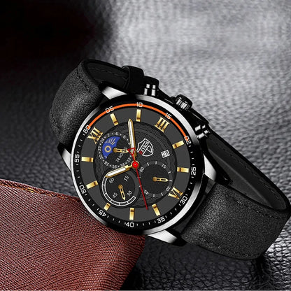 Men’s casual leather watch with quartz movement