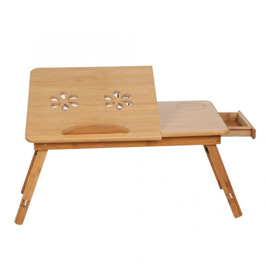 Bamboo laptop desk with adjustable, foldable design and built-in storage