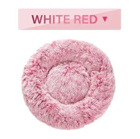 Fluffy Donut Pet Bed by Krystina Trendify, plush and calming design, machine washable, available in multiple sizes for pets.