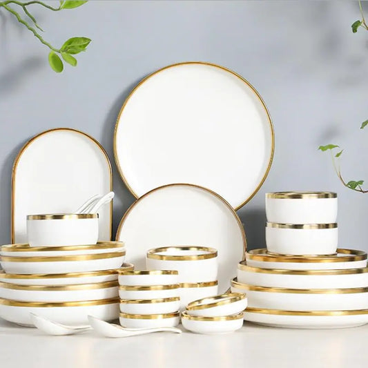 Matte Gilt Rim White Porcelain Dinner Tray by Krystina Trendify