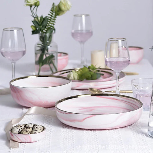 Pink marble dinner plates crafted from high-quality porcelain for elegant dining