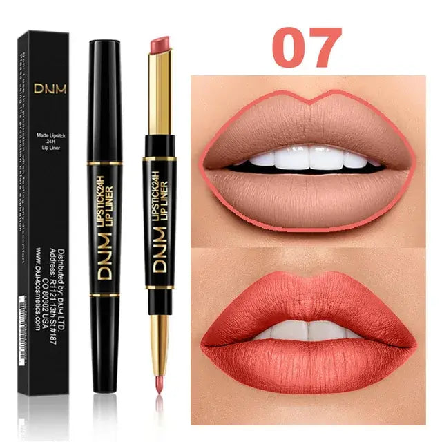 Double-Ended Matte Lipstick from DNM with waterproof, long-lasting color and lip liner for definition.
