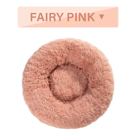 Fluffy Donut Pet Bed by Krystina Trendify, plush and calming design, machine washable, available in multiple sizes for pets.