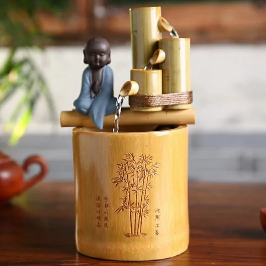 Handcrafted bamboo water fountain, eco-friendly decor for relaxation and meditation.