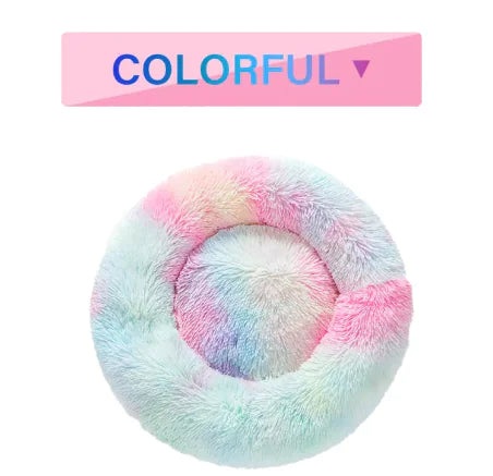 Fluffy Donut Pet Bed by Krystina Trendify, plush and calming design, machine washable, available in multiple sizes for pets.