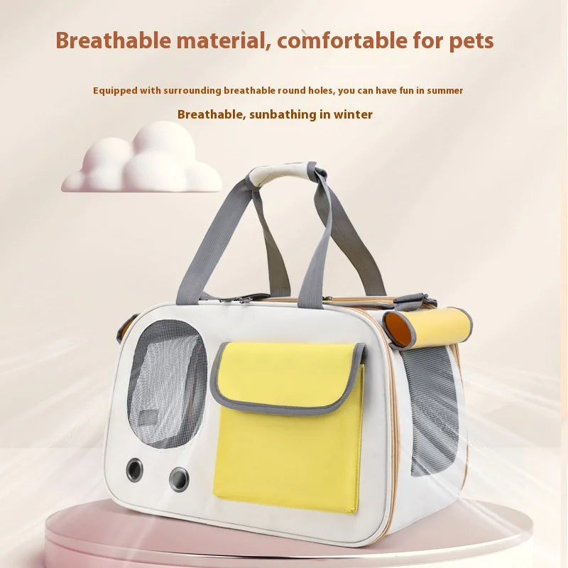 Krystina Trendify foldable large-capacity pet shoulder bag with breathable mesh and waterproof fabric.
