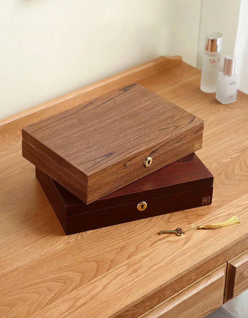 Wooden jewelry box by Krystina Trendify with multiple compartments and a sophisticated design, perfect for organizing and decorating any room.