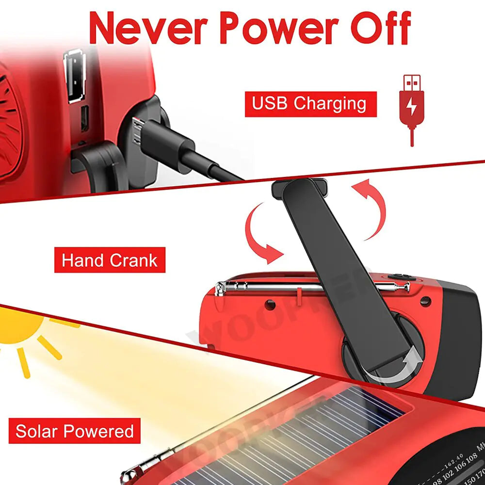 Multifunction emergency radio flashlight with solar, USB, and hand-crank power by WOOPKER