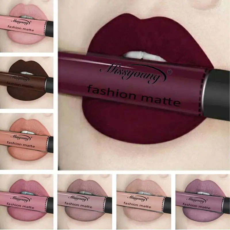 Missyoung Brand Makeup Matte Lipstick with rich pigment and long-lasting wear for a bold look.
