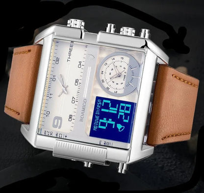 Elegant square dial wristwatch with genuine leather strap