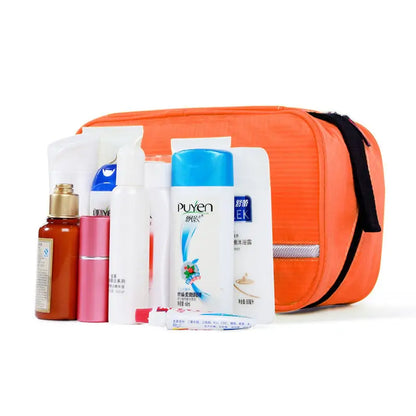 Durable hanging toiletry bag with clear compartments and sturdy hook for travel organization.