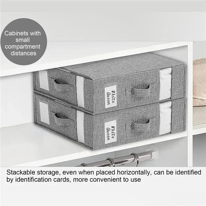 Fabric storage box by Krystina Trendify, with visible window, zipper closure, and foldable design for bedding storage.