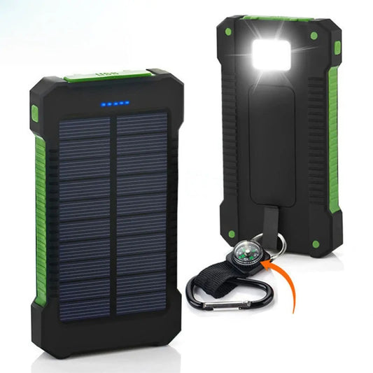 Waterproof solar power bank with 20000mAh capacity, dual USB ports, LED light, and compass for outdoor use.