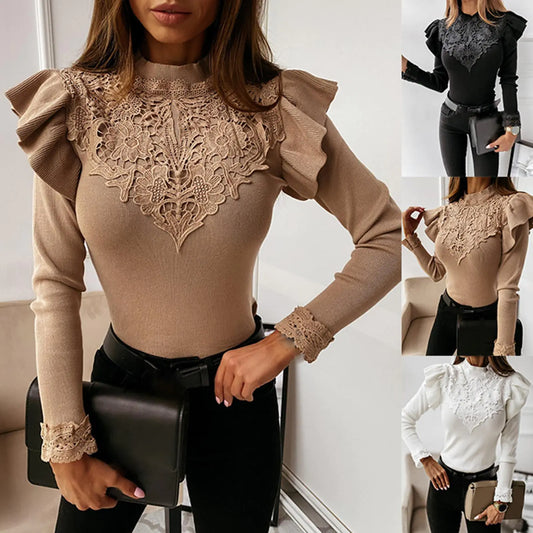 Women's fashion blouse with ruffle lace patchwork and mock neck for autumn style.