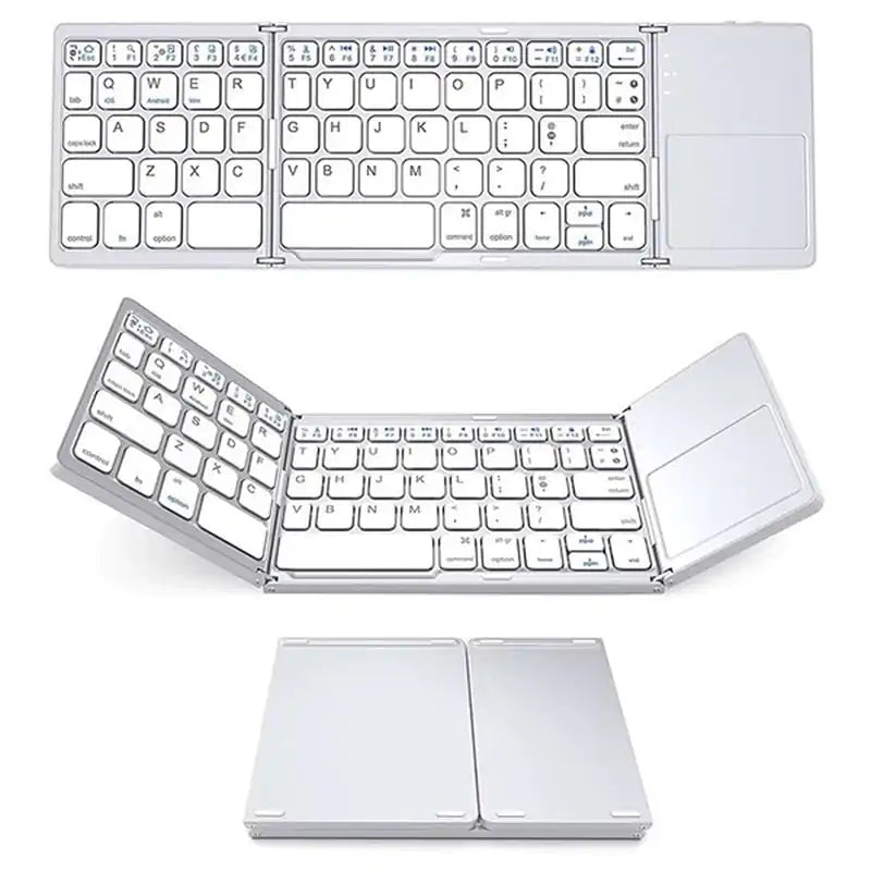 Portable Bluetooth keyboard by Krystina Trendify with touchpad, foldable design, and USB rechargeable feature.