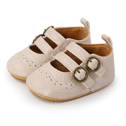 Colorful retro baby leather shoes with non-slip soles by Krystina Trendify.