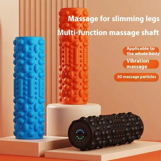 Electric foam roller with vibrating massage for muscle recovery and flexibility.