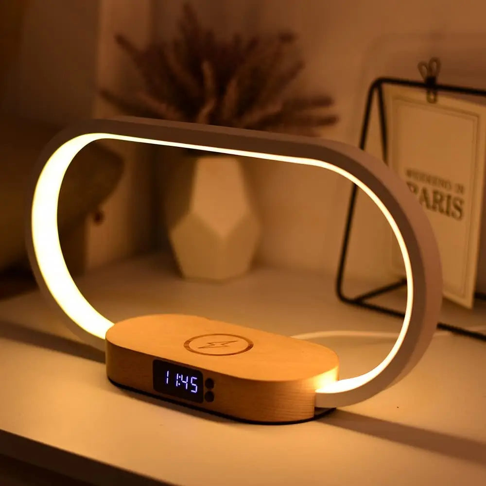 Sleek wooden bedside lamp with stepless dimming, wireless charging, and built-in clock by Krystina Trendify for modern bedroom decor.