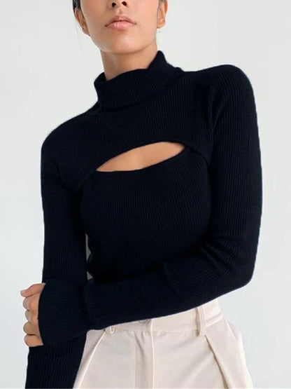 Hollowed-out turtleneck sweater by Krystina Trendify with rib-knit texture and chic cutout design.