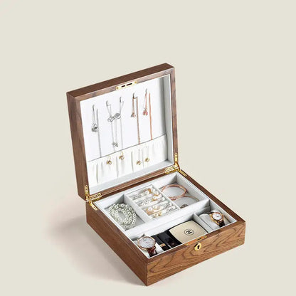 Wooden jewelry box by Krystina Trendify with multiple compartments and a sophisticated design, perfect for organizing and decorating any room.