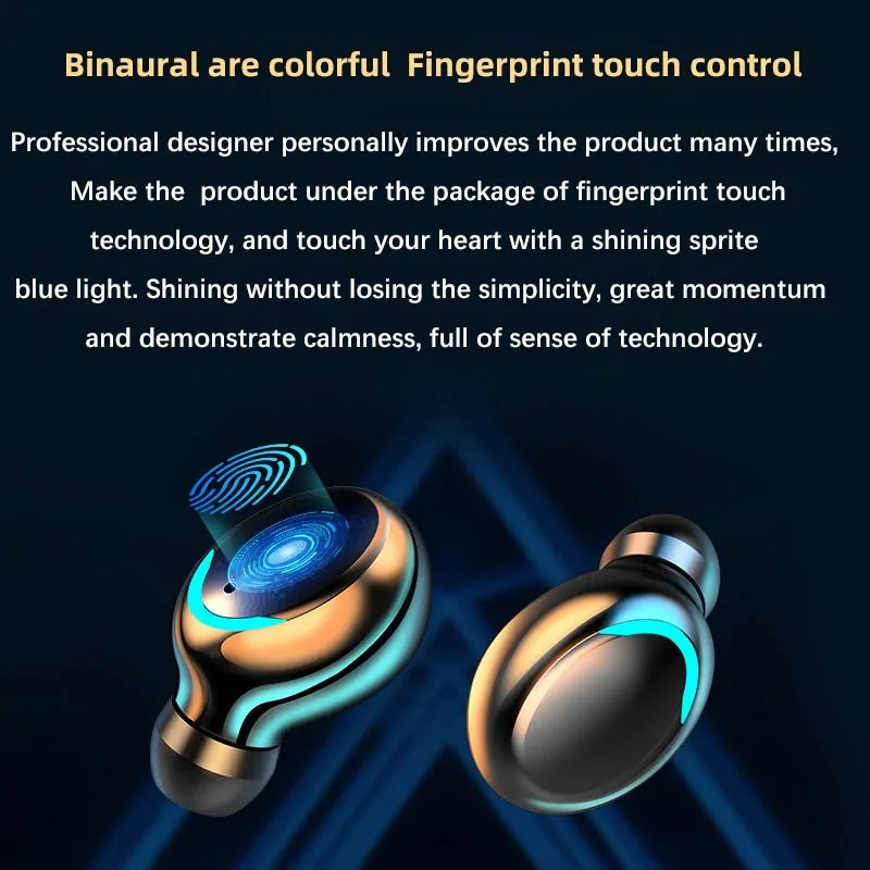 Fingerprint Touch Wireless Earbuds by Krystina Trendify featuring Bluetooth 5.0 and magnetic storage for a sleek audio experience.