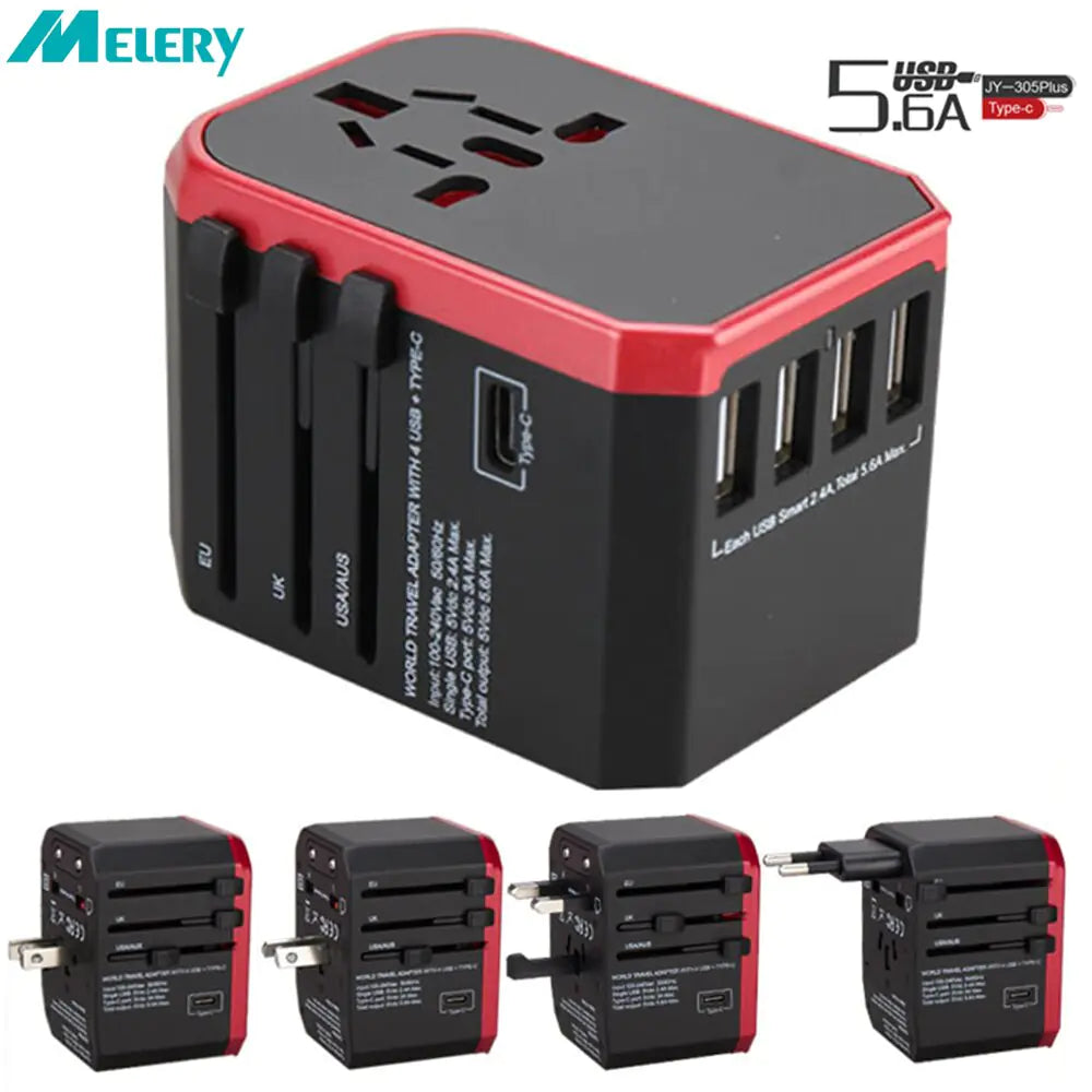 MELERY versatile travel adapter, compact and globally compatible for charging multiple devices on your travels.