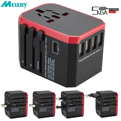 MELERY versatile travel adapter, compact and globally compatible for charging multiple devices on your travels.