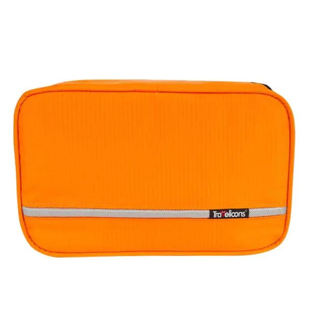 Durable hanging toiletry bag with clear compartments and sturdy hook for travel organization.