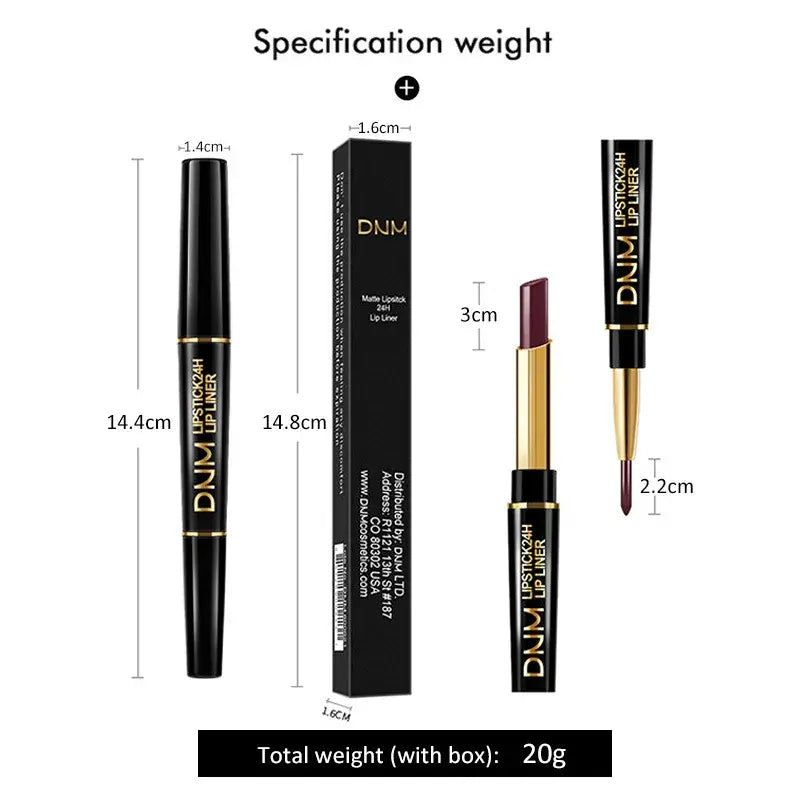 Double-Ended Matte Lipstick from DNM with waterproof, long-lasting color and lip liner for definition.
