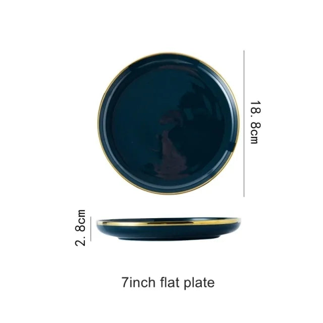 Blue porcelain dinner plates with golden rim for elegant dining