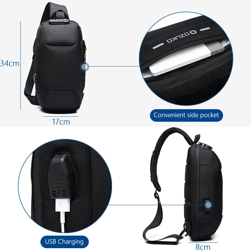 Multifunction anti-theft crossbody bag with hidden zippers, USB charging port, and sleek design.