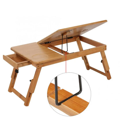 Bamboo laptop desk with adjustable, foldable design and built-in storage