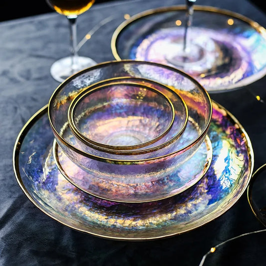 Rainbow Glass Dinner Plate with Golden Rim by Krystina Trendify