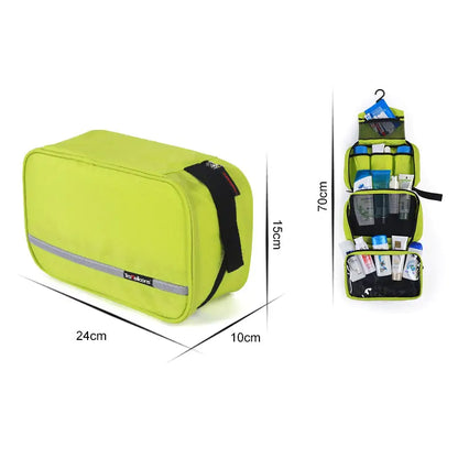 Durable hanging toiletry bag with clear compartments and sturdy hook for travel organization.