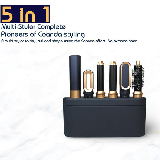 5-in-1 Hair Dryer Multi Styler for curls, straight hair, and more with versatile attachments.
