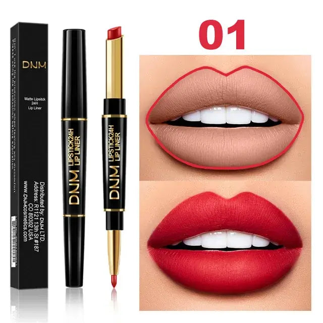 Double-Ended Matte Lipstick from DNM with waterproof, long-lasting color and lip liner for definition.
