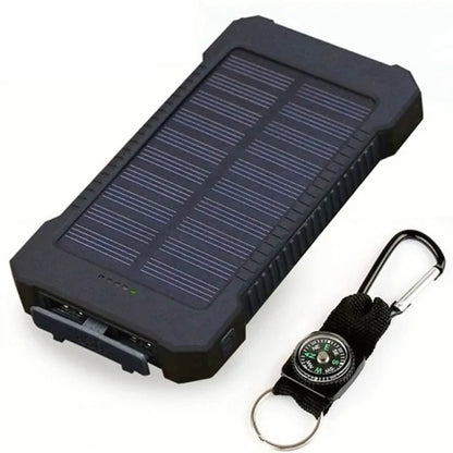 Waterproof solar power bank with 20000mAh capacity, dual USB ports, LED light, and compass for outdoor use.